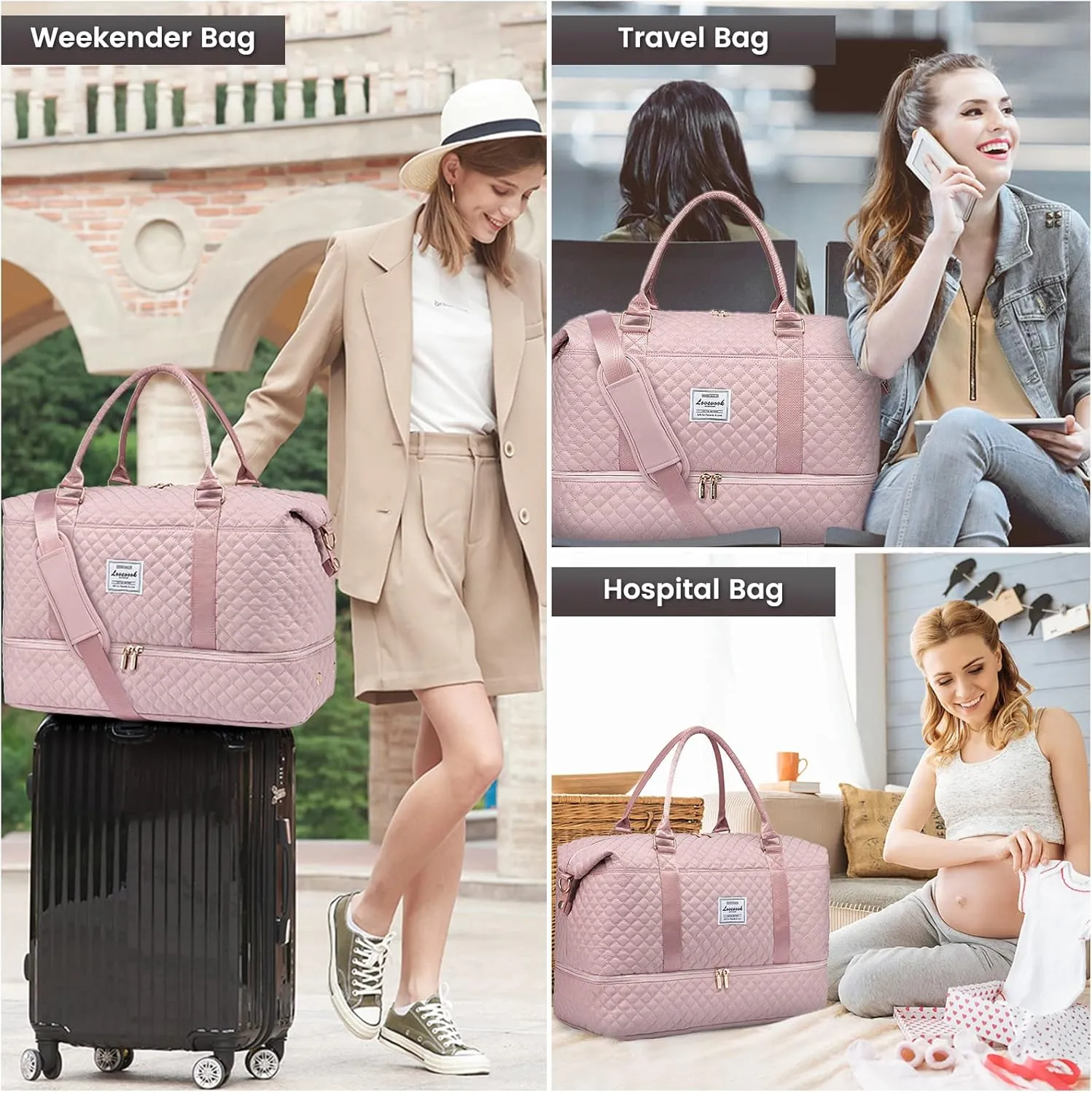 LOVEVOOK Travel Duffle Bag,Weekender Bags for Women with Shoe Compartment，Carry on Overnight Bag with Toiletry Bag,Gym Duffel Bag with Wet Pocket, Hospital Bags for Labor and Delivery