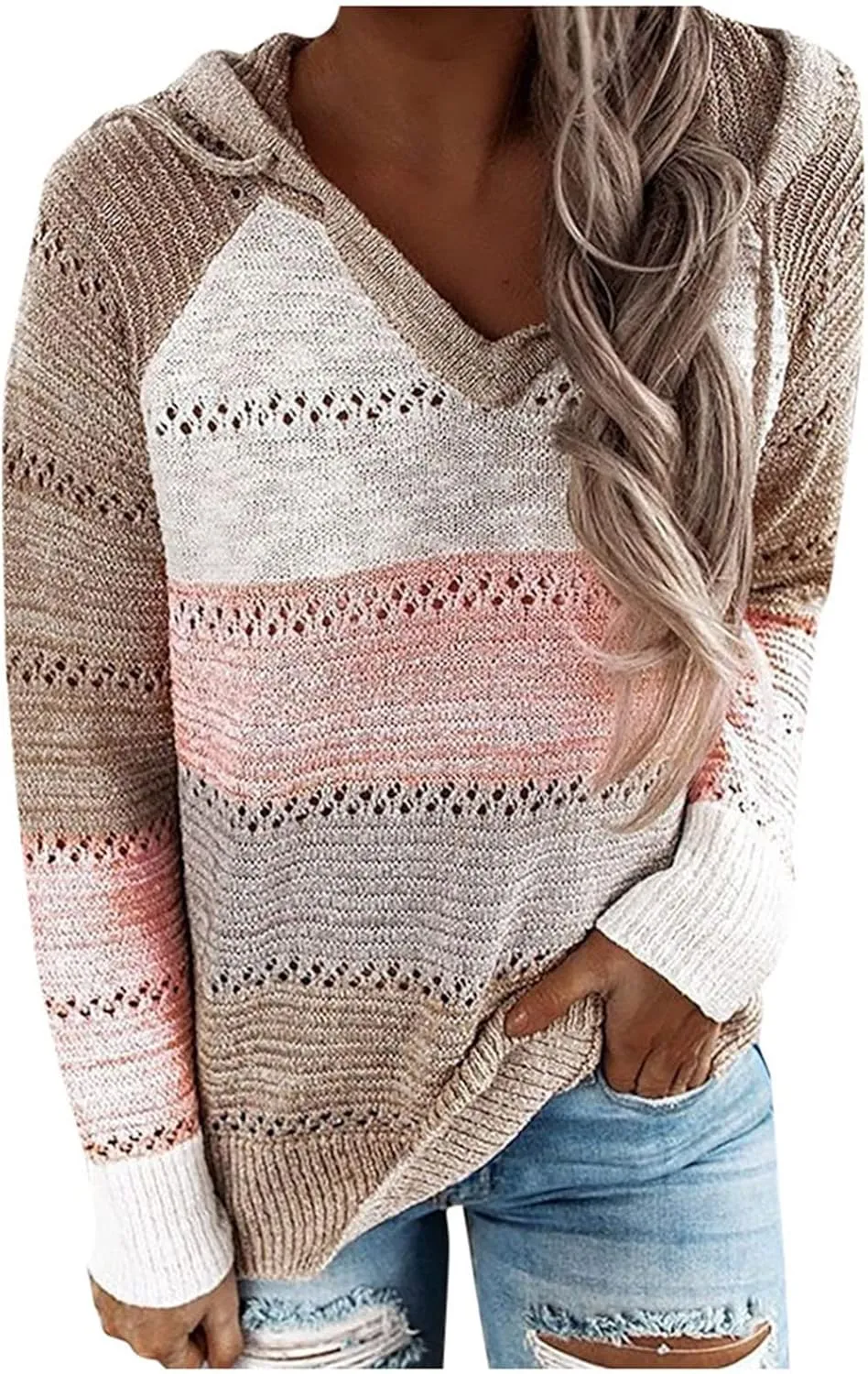 LRMQS Womens Fall Fashion 2024 Color Block Drawstring Hoodies Sweater Trendy Casual Loose Cute Knit Pullover Winter Clothes