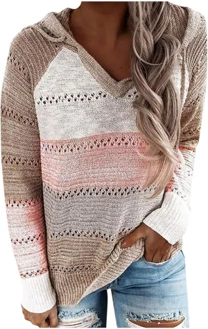LRMQS Womens Fall Fashion 2024 Color Block Drawstring Hoodies Sweater Trendy Casual Loose Cute Knit Pullover Winter Clothes