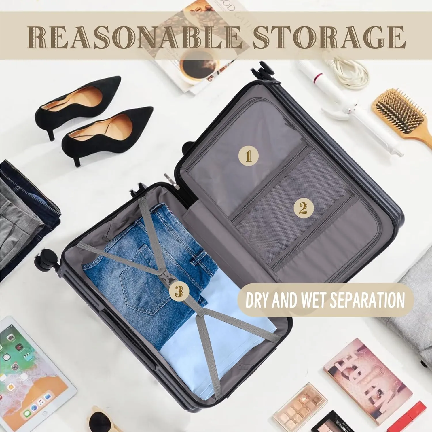Luggage Set,3 Piece Suitcase with Spinner Wheels, Suitcase with Tsa Lock Cup Holder Phone Holder,Carry On Luggage Easy Travel for Men and Women,Black