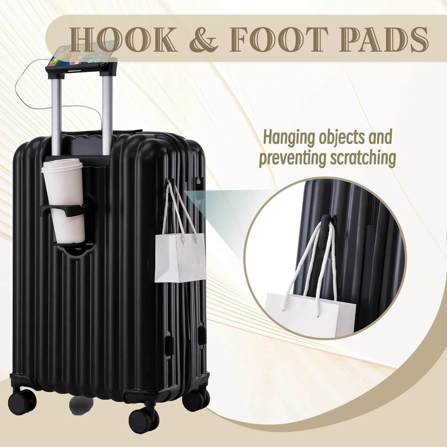Luggage Set,3 Piece Suitcase with Spinner Wheels, Suitcase with Tsa Lock Cup Holder Phone Holder,Carry On Luggage Easy Travel for Men and Women,Black