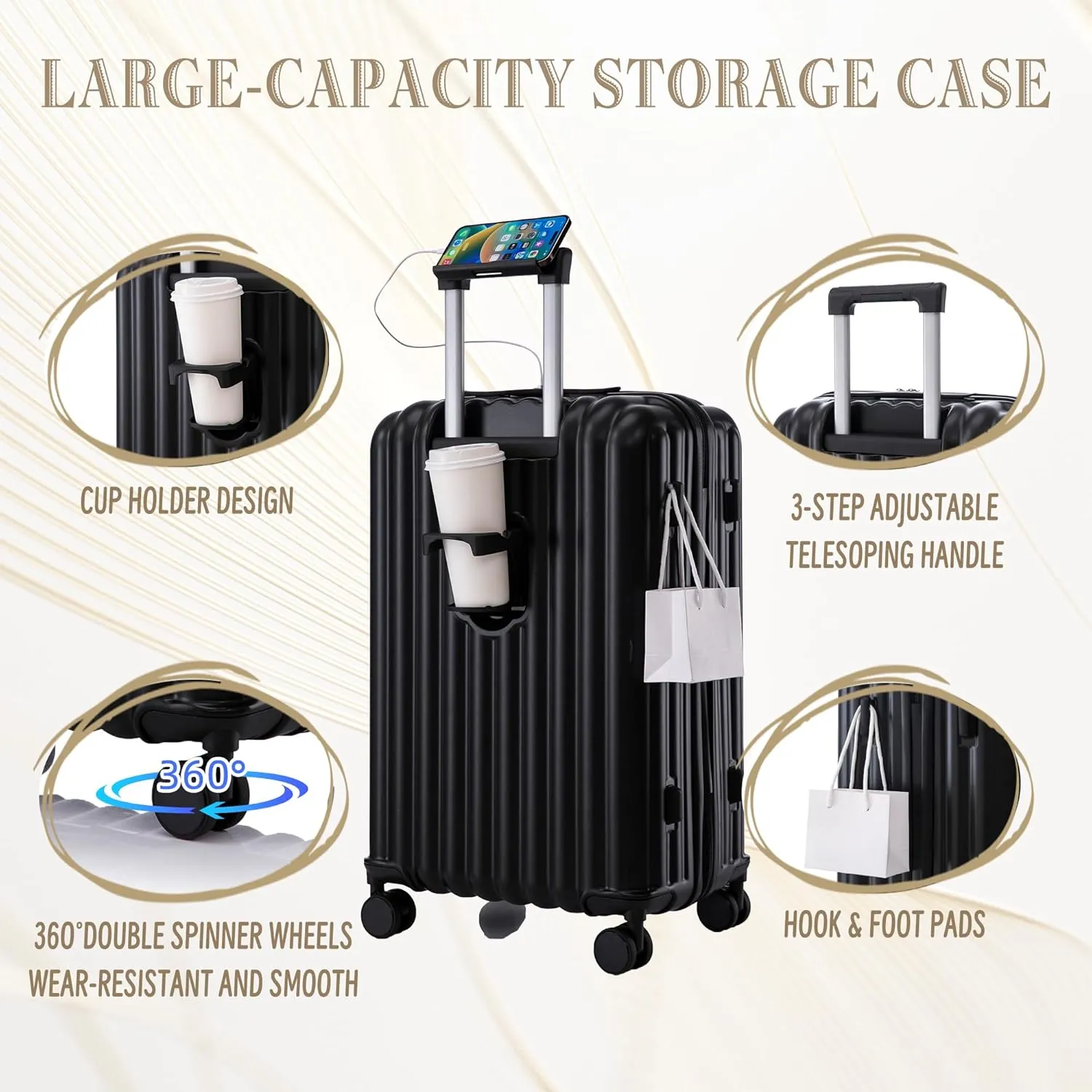 Luggage Set,3 Piece Suitcase with Spinner Wheels, Suitcase with Tsa Lock Cup Holder Phone Holder,Carry On Luggage Easy Travel for Men and Women,Black