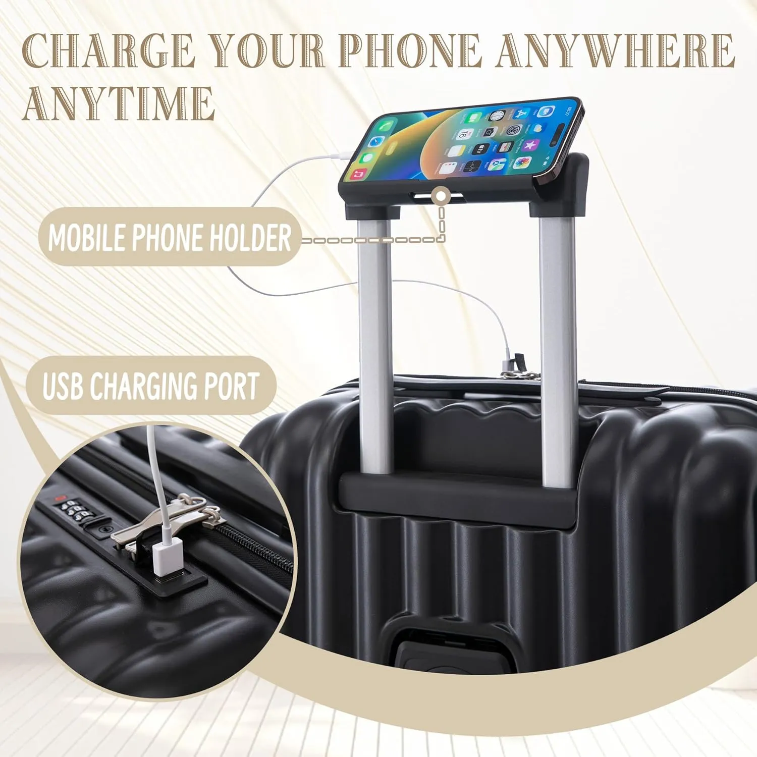 Luggage Set,3 Piece Suitcase with Spinner Wheels, Suitcase with Tsa Lock Cup Holder Phone Holder,Carry On Luggage Easy Travel for Men and Women,Black