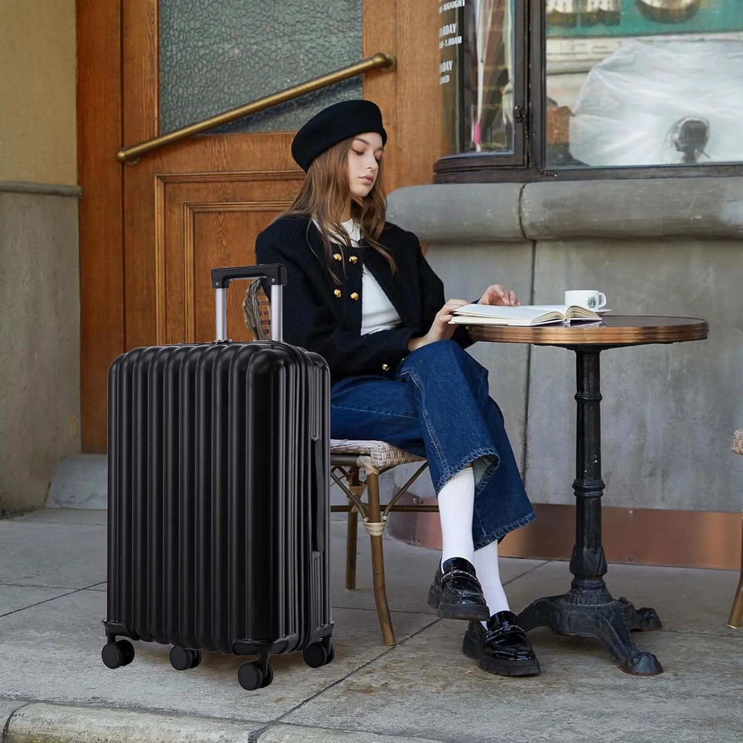 Luggage Set,3 Piece Suitcase with Spinner Wheels, Suitcase with Tsa Lock Cup Holder Phone Holder,Carry On Luggage Easy Travel for Men and Women,Black