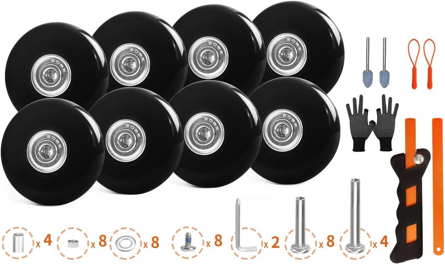 Luggage Suitcase Wheels Replacement Set 8PC 2.2in/55mm Bearing Roller 0.55inch/14mm Thick PU Wheels Repair Kit for Spinner Suitcase Trolley Bag In-Line Skate Draw-bar Travel Box