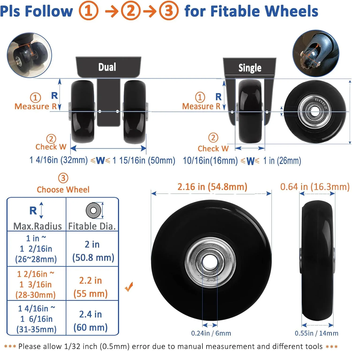 Luggage Suitcase Wheels Replacement Set 8PC 2.2in/55mm Bearing Roller 0.55inch/14mm Thick PU Wheels Repair Kit for Spinner Suitcase Trolley Bag In-Line Skate Draw-bar Travel Box