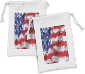 Lunarable American Flag Fabric Pouch Set of 2, Oil Painting Murky Brush Stroke Watercolor Banner Citizen Anthem Picture Print, Small Drawstring Bag for Toiletries Masks and Favors, 9" x 6", Red Blue