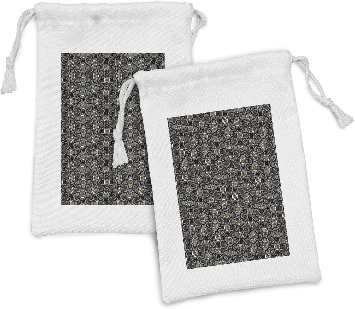 Lunarable Australia Fabric Pouch Set of 2, Aboriginal Repetitive Print, Small Drawstring Bag for Toiletries Masks and Favors, 9" x 6", Charcoal Grey Umber Blue