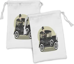 Lunarable Black Fabric Pouch Set of 2, Cartoon Style Illustration of Gangsters Mob Vintage in the Car Pattern, Small Drawstring Bag for Toiletries Masks and Favors, 9" x 6", Black and Taupe