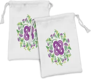 Lunarable Celtic Fabric Pouch Set of 2, Eternal Life Celtic Motif Surrounded with Thistle Flower and Leaves Image, Small Drawstring Bag for Toiletries Masks and Favors, 9" x 6", Purple Green