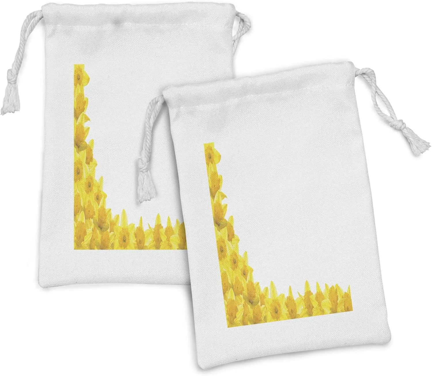 Lunarable Daffodils Fabric Pouch Set of 2, Daffodil Flowers Framework with Floral Design Country Style Romantic Artwork Print, Small Drawstring Bag for Toiletries Masks and Favors, 9" x 6", Yellow
