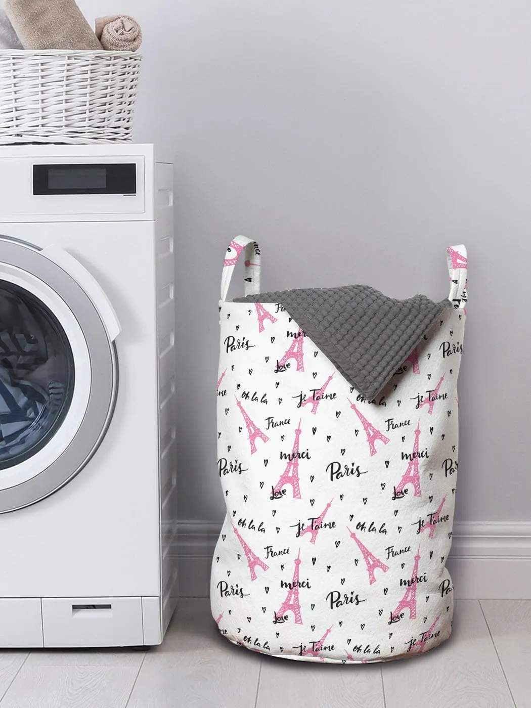 Lunarable Eiffel Tower Laundry Bag Pack of 2, France Paris Oh La La Eiffel Tower Hearts Calligraphy Doodle Style Art, Hamper Basket with Handles Drawstring Closure, 13" x 19", Pink Black