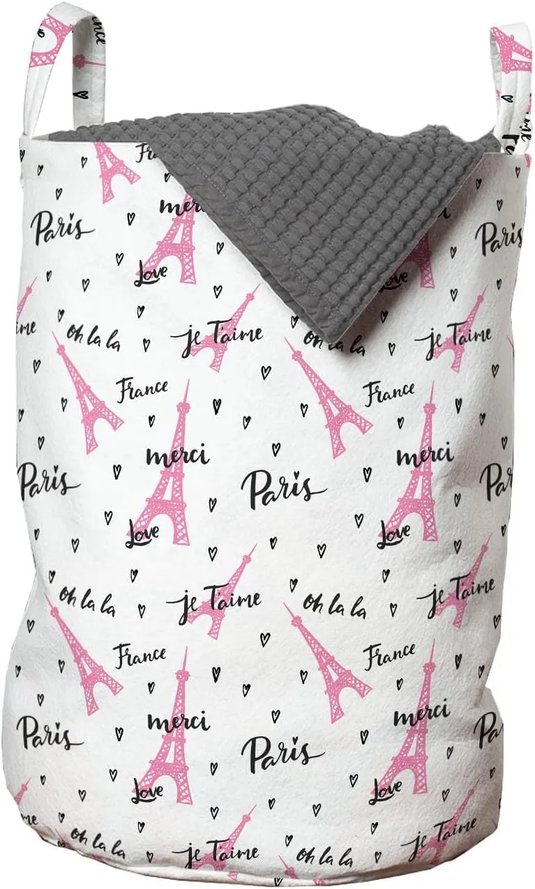 Lunarable Eiffel Tower Laundry Bag Pack of 2, France Paris Oh La La Eiffel Tower Hearts Calligraphy Doodle Style Art, Hamper Basket with Handles Drawstring Closure, 13" x 19", Pink Black