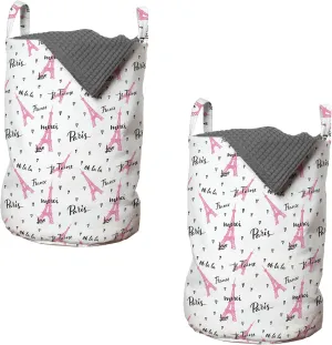 Lunarable Eiffel Tower Laundry Bag Pack of 2, France Paris Oh La La Eiffel Tower Hearts Calligraphy Doodle Style Art, Hamper Basket with Handles Drawstring Closure, 13" x 19", Pink Black