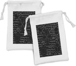 Lunarable Equations Fabric Pouch Set of 2, Scientific Illustration with Shapes Formulas and Calculations Print, Small Drawstring Bag for Toiletries Masks and Favors, 9" x 6", Charcoal Grey and White