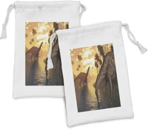 Lunarable Jurassic Fabric Pouch Set of 2, 2 Dicraeosaurus Dinosaurs in a Prehistoric Sunrise Landscape Enormous, Small Drawstring Bag for Toiletries Masks and Favors, 9" x 6", Earth Yellow Sepia