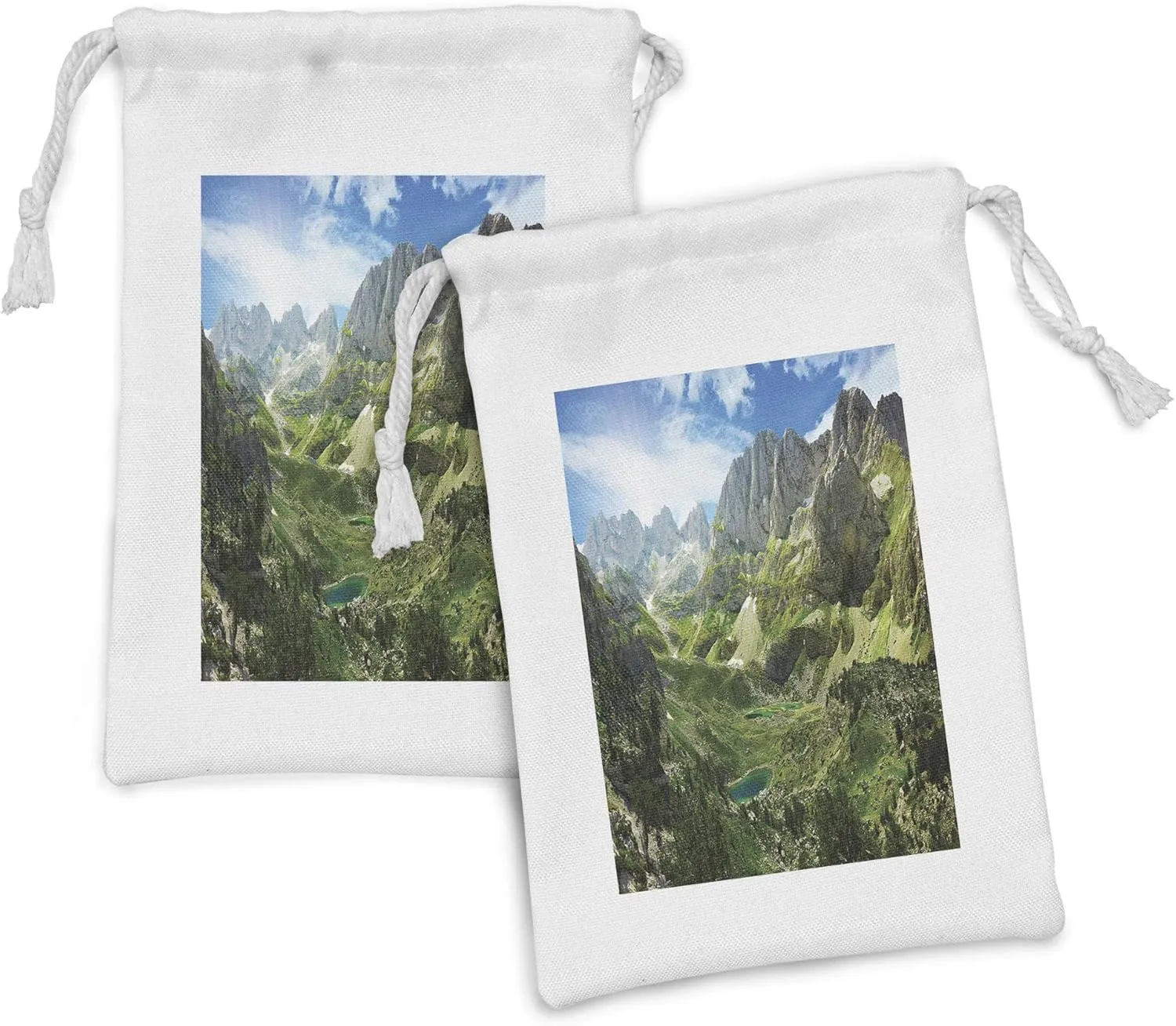 Lunarable Mountain Fabric Pouch Set of 2, Mountain Lakes in Albanian Alps Nature Reserves Touristic Lakeside Picture, Small Drawstring Bag for Toiletries Masks and Favors, 9" x 6", Green Blue White