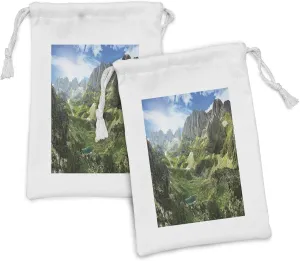 Lunarable Mountain Fabric Pouch Set of 2, Mountain Lakes in Albanian Alps Nature Reserves Touristic Lakeside Picture, Small Drawstring Bag for Toiletries Masks and Favors, 9" x 6", Green Blue White