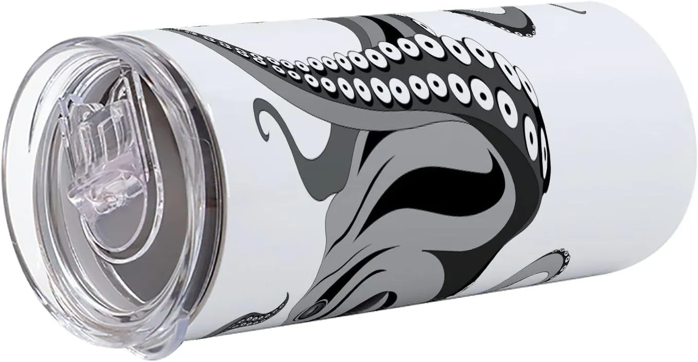Lunarable Octopus 12 Oz Skinny Tumbler, Monster Kraken Octopus with Large Tentacles Illustration Underwater Marine Life, Vacuum Insulated Travel Canteen Cup Leakproof for Travel Picnic, Black Grey