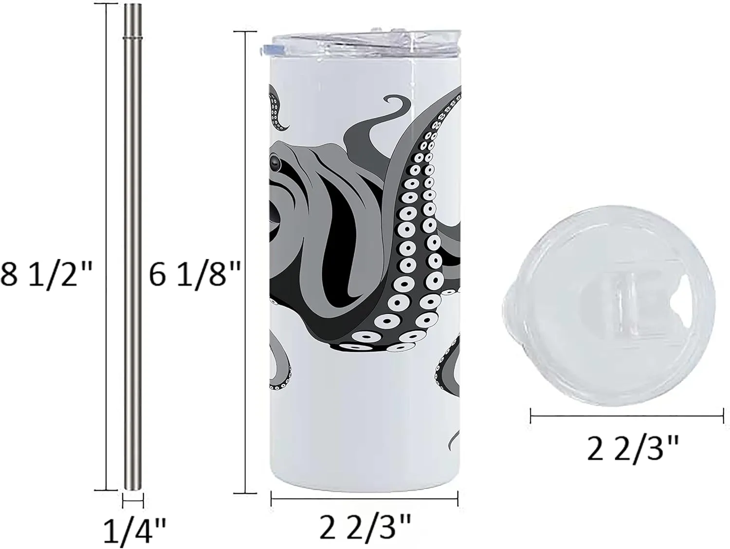 Lunarable Octopus 12 Oz Skinny Tumbler, Monster Kraken Octopus with Large Tentacles Illustration Underwater Marine Life, Vacuum Insulated Travel Canteen Cup Leakproof for Travel Picnic, Black Grey