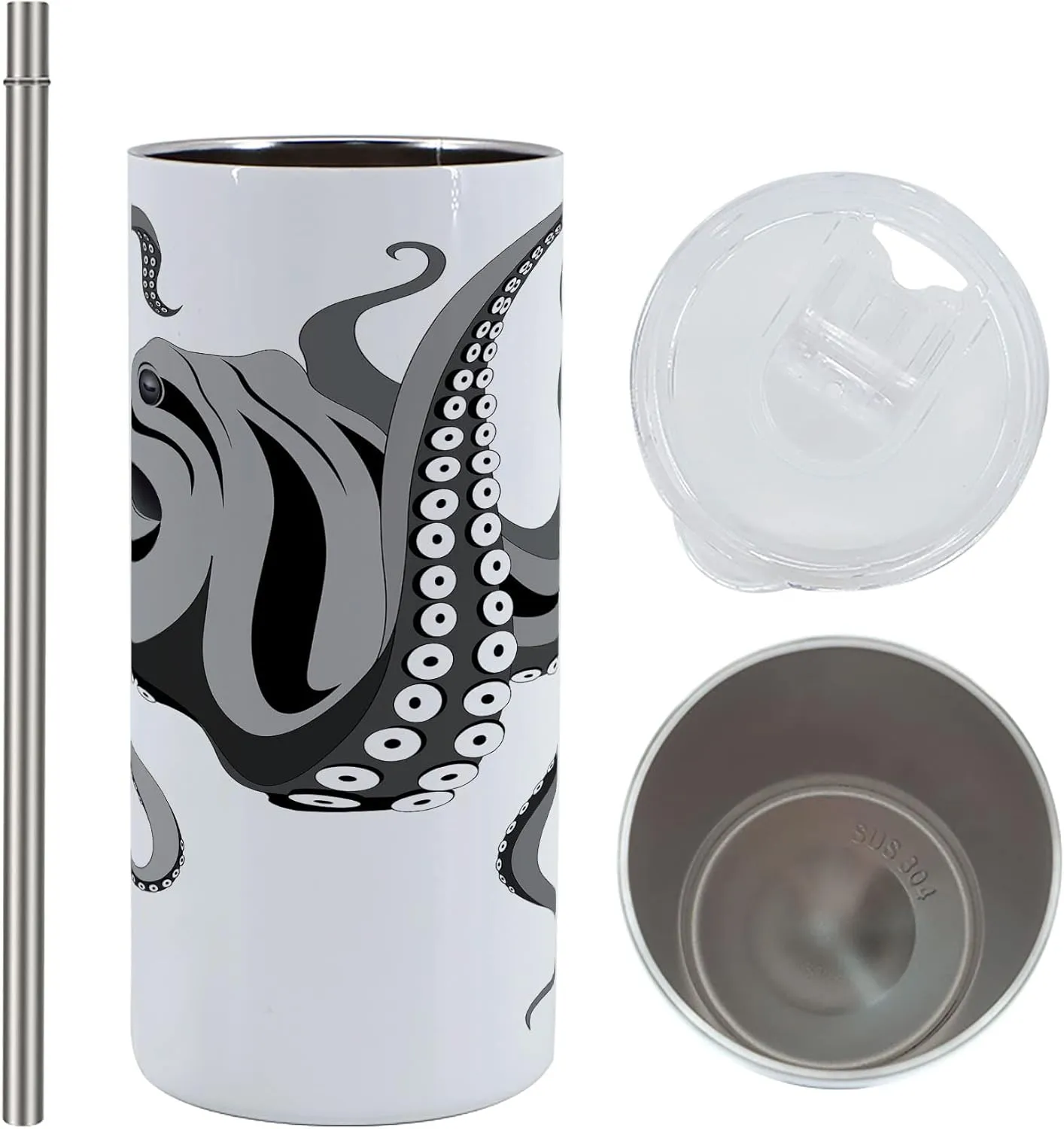 Lunarable Octopus 12 Oz Skinny Tumbler, Monster Kraken Octopus with Large Tentacles Illustration Underwater Marine Life, Vacuum Insulated Travel Canteen Cup Leakproof for Travel Picnic, Black Grey