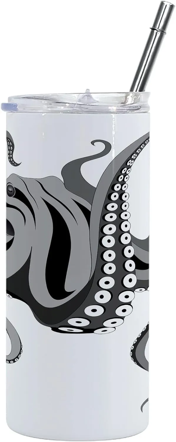 Lunarable Octopus 12 Oz Skinny Tumbler, Monster Kraken Octopus with Large Tentacles Illustration Underwater Marine Life, Vacuum Insulated Travel Canteen Cup Leakproof for Travel Picnic, Black Grey