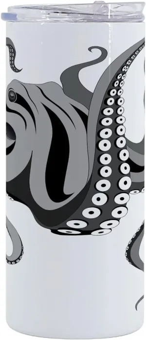 Lunarable Octopus 12 Oz Skinny Tumbler, Monster Kraken Octopus with Large Tentacles Illustration Underwater Marine Life, Vacuum Insulated Travel Canteen Cup Leakproof for Travel Picnic, Black Grey