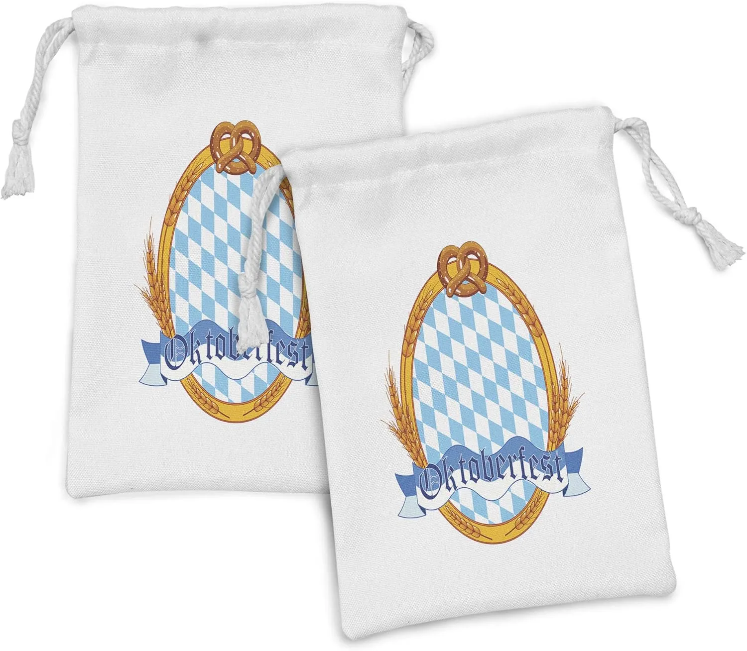 Lunarable Oktoberfest Fabric Pouch Set of 2, Oktoberfest Theme Oval Framework with Wheat Stems Ribbon and Pretzels, Small Drawstring Bag for Toiletries Masks and Favors, 9" x 6", Orange and Blue