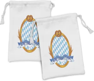 Lunarable Oktoberfest Fabric Pouch Set of 2, Oktoberfest Theme Oval Framework with Wheat Stems Ribbon and Pretzels, Small Drawstring Bag for Toiletries Masks and Favors, 9" x 6", Orange and Blue
