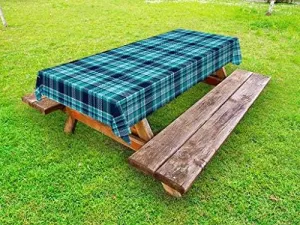 Lunarable Plaid Outdoor Tablecloth, Checkered Design with Squares and Rectangles Pixel Art Inspired Chevrons, Decorative Washable Picnic Table Cloth, 58" X 104", Blue White