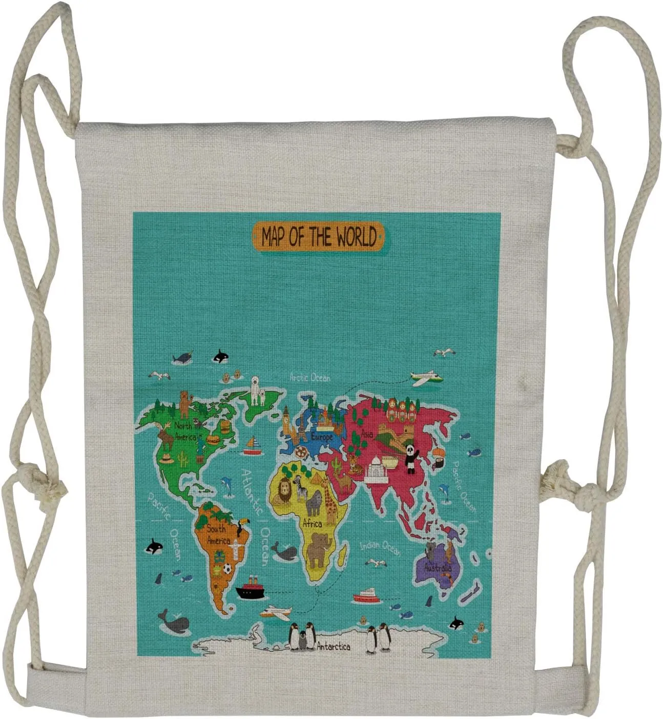 Lunarable World Map Drawstring Backpack, Cartoon Map, Sackpack Bag