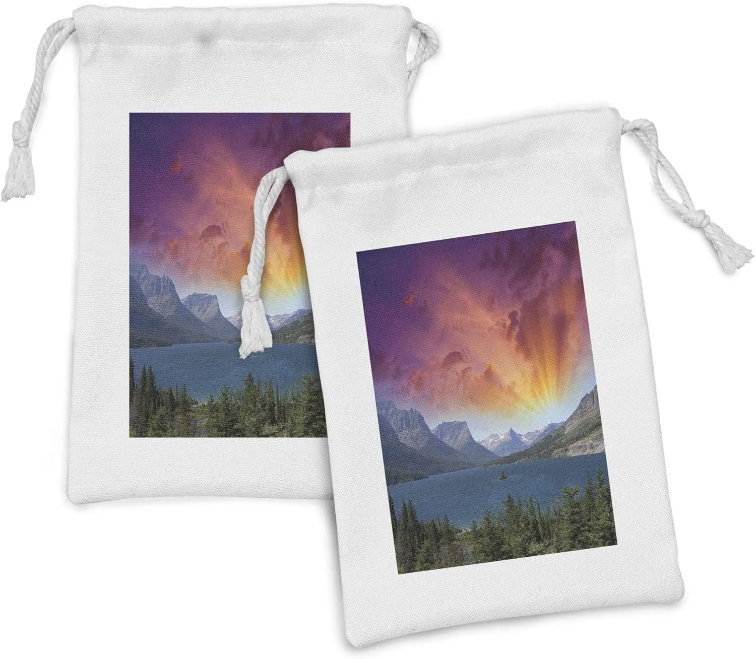 Lunarable Yosemite Fabric Pouch Set of 2, Dramatic Colorful Sky over Yosemite National Parks Mountain Lake View Picture, Small Drawstring Bag for Toiletries Masks and Favors, 9" x 6", Purple