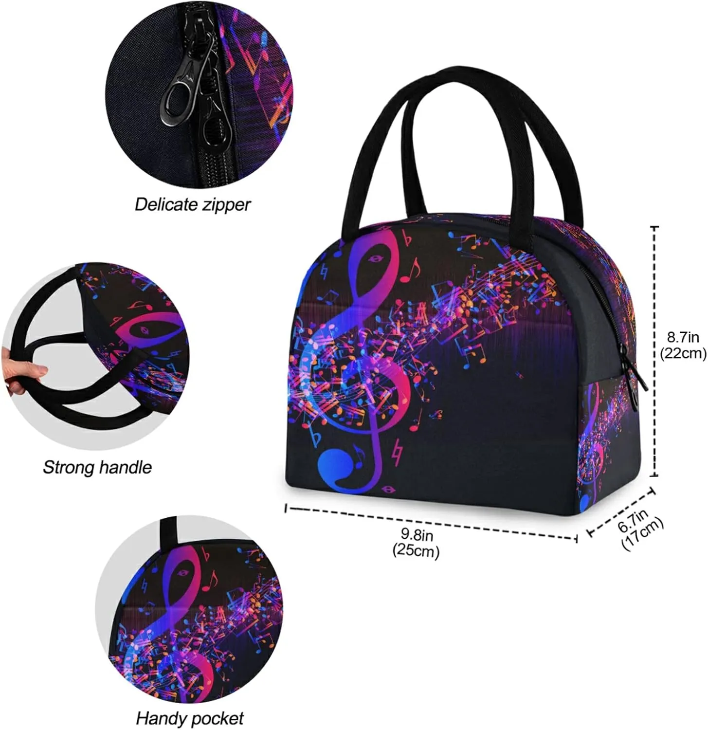 Lunch Bag Abstract Music Note Art Painting Insulated Lunch Box Leakproof Zippered Lunch Tote Bag Large Cooler Bag with Front Pocket for Women/Men Work School Girl Boy