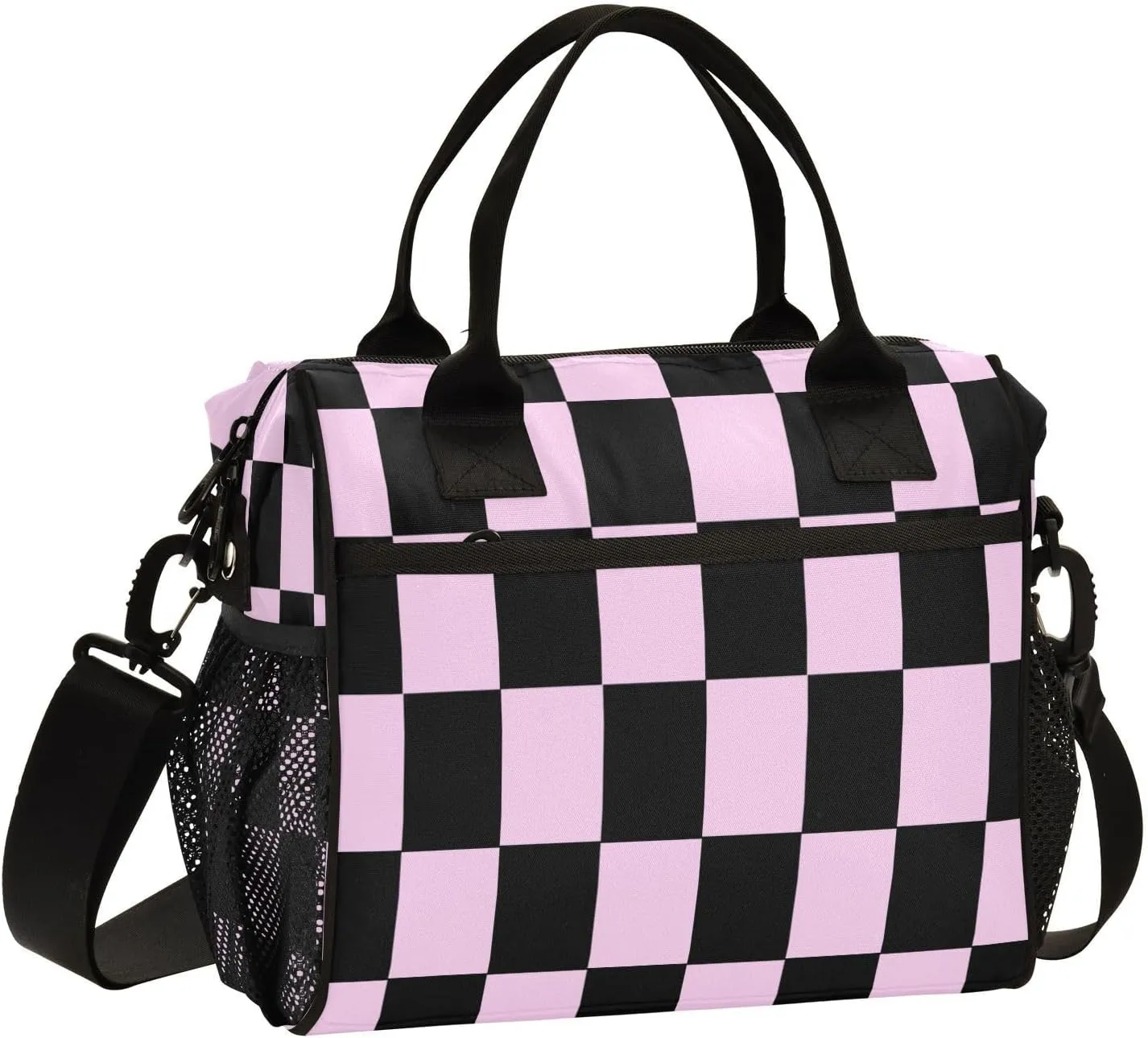 Lunch Bag for Men Women Black Pink Checkered Insulated Lunch Box Reusable Cooler Tote Bag with Adjustable Shoulder Strap for Work Picnic School Travel M