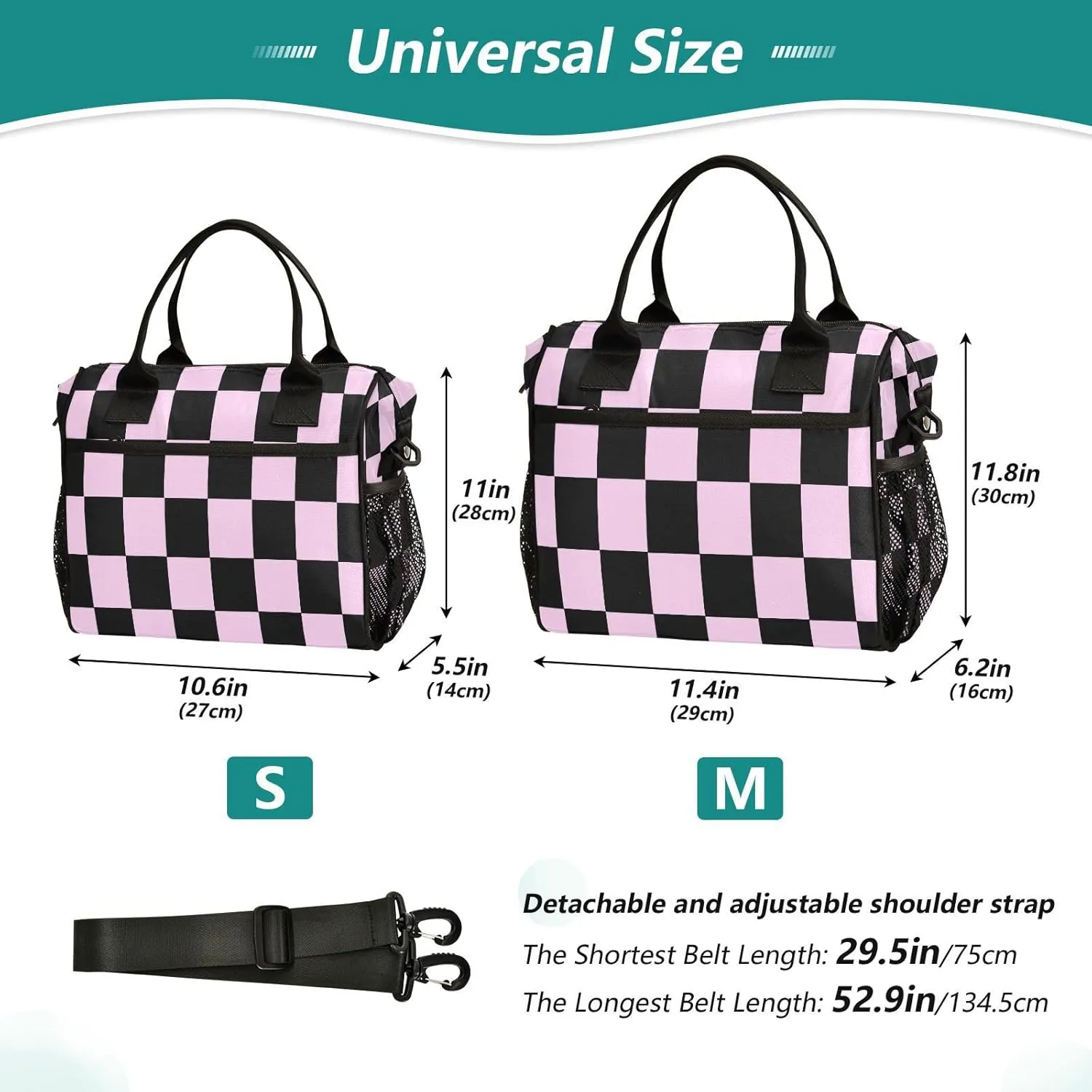 Lunch Bag for Men Women Black Pink Checkered Insulated Lunch Box Reusable Cooler Tote Bag with Adjustable Shoulder Strap for Work Picnic School Travel M