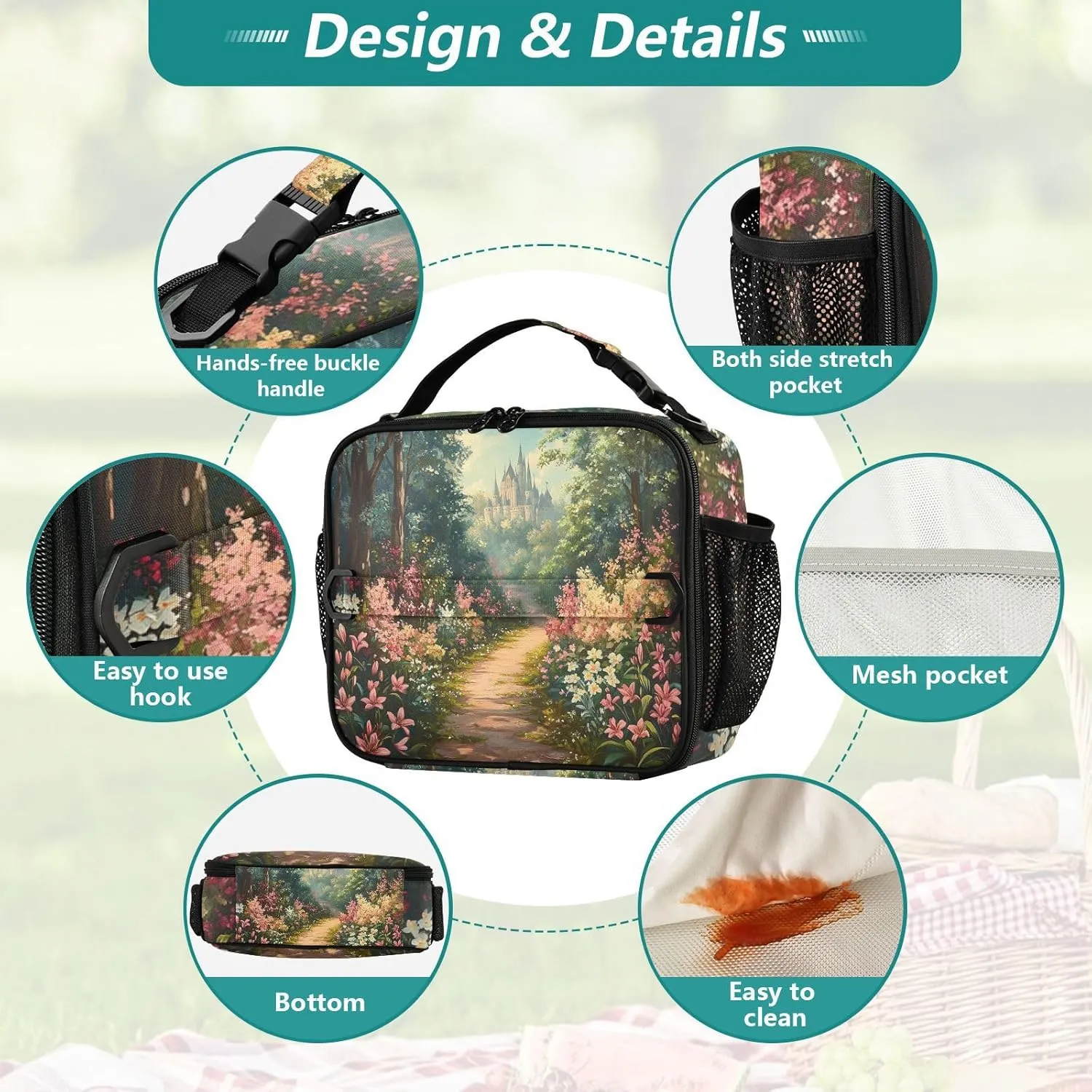 Lunch Bag Lunch Box for Women Men Insulated Cooler Bag Reusable Lunch Box Tote Bag with Strap for Work Picnic Lily Flowers Bush and Forest Castle
