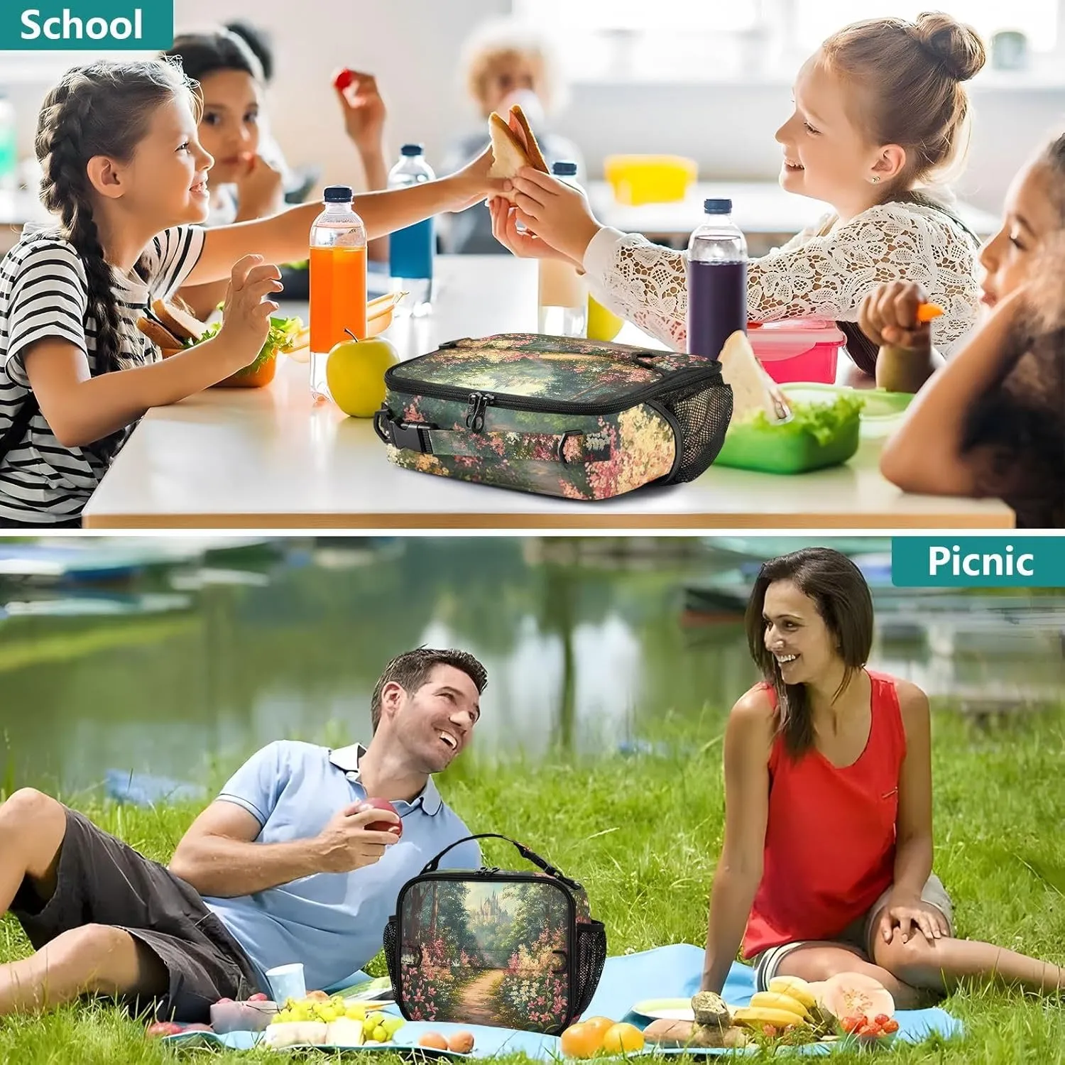 Lunch Bag Lunch Box for Women Men Insulated Cooler Bag Reusable Lunch Box Tote Bag with Strap for Work Picnic Lily Flowers Bush and Forest Castle