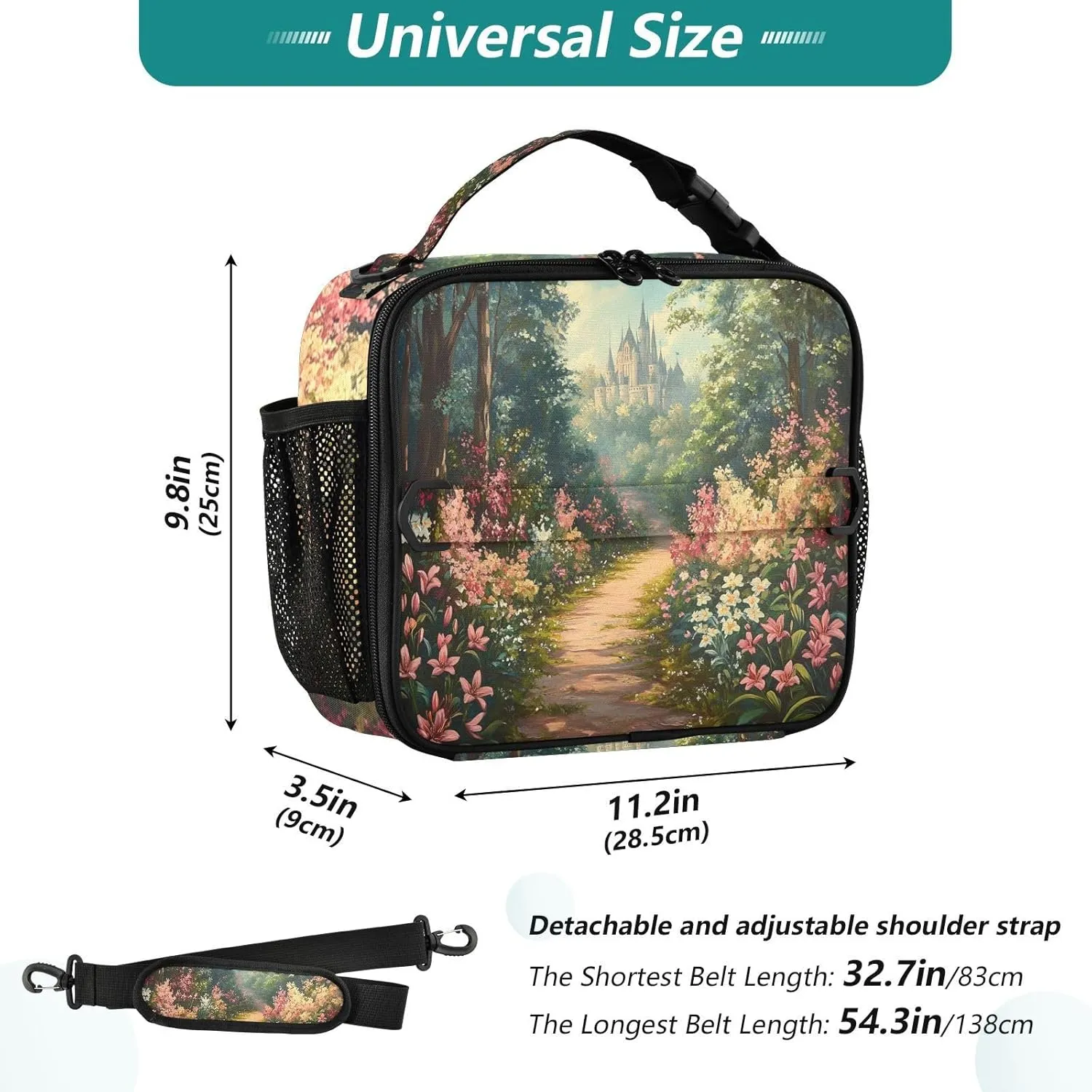 Lunch Bag Lunch Box for Women Men Insulated Cooler Bag Reusable Lunch Box Tote Bag with Strap for Work Picnic Lily Flowers Bush and Forest Castle