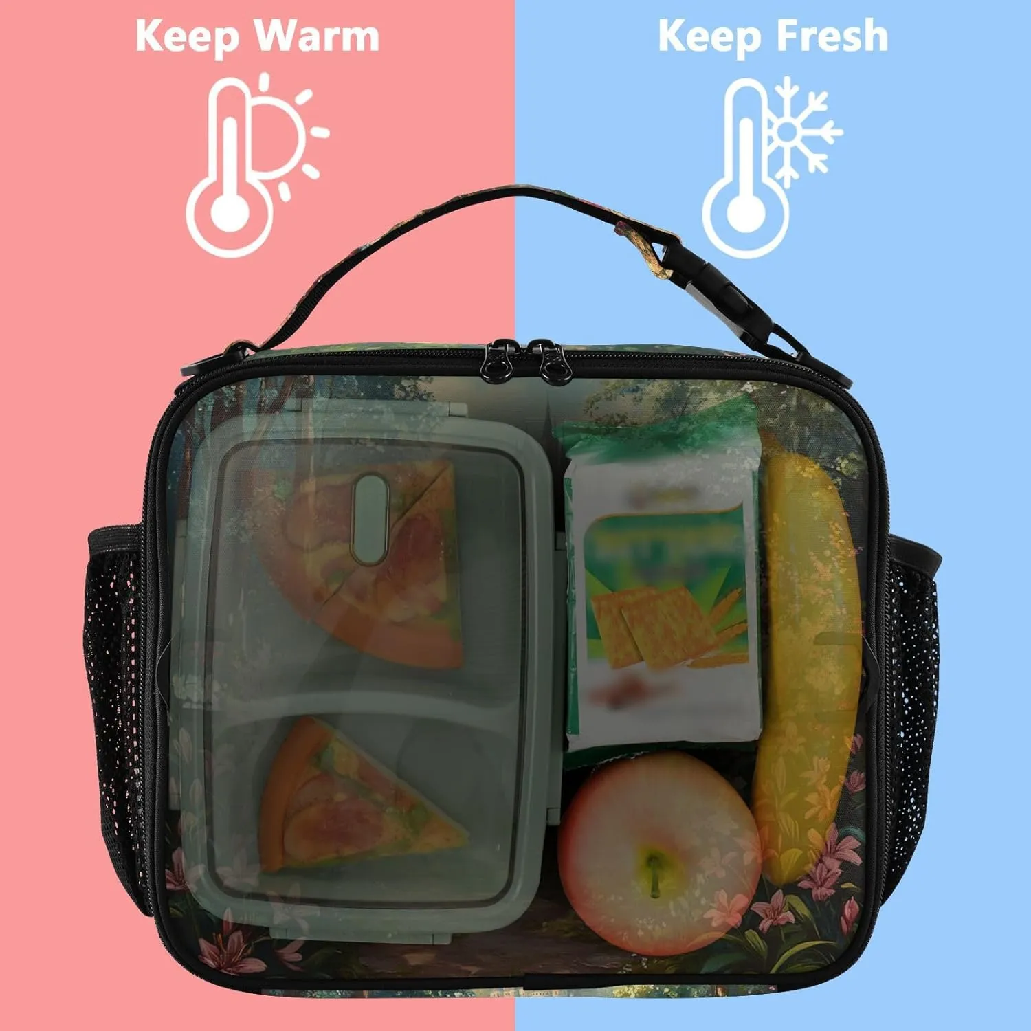Lunch Bag Lunch Box for Women Men Insulated Cooler Bag Reusable Lunch Box Tote Bag with Strap for Work Picnic Lily Flowers Bush and Forest Castle