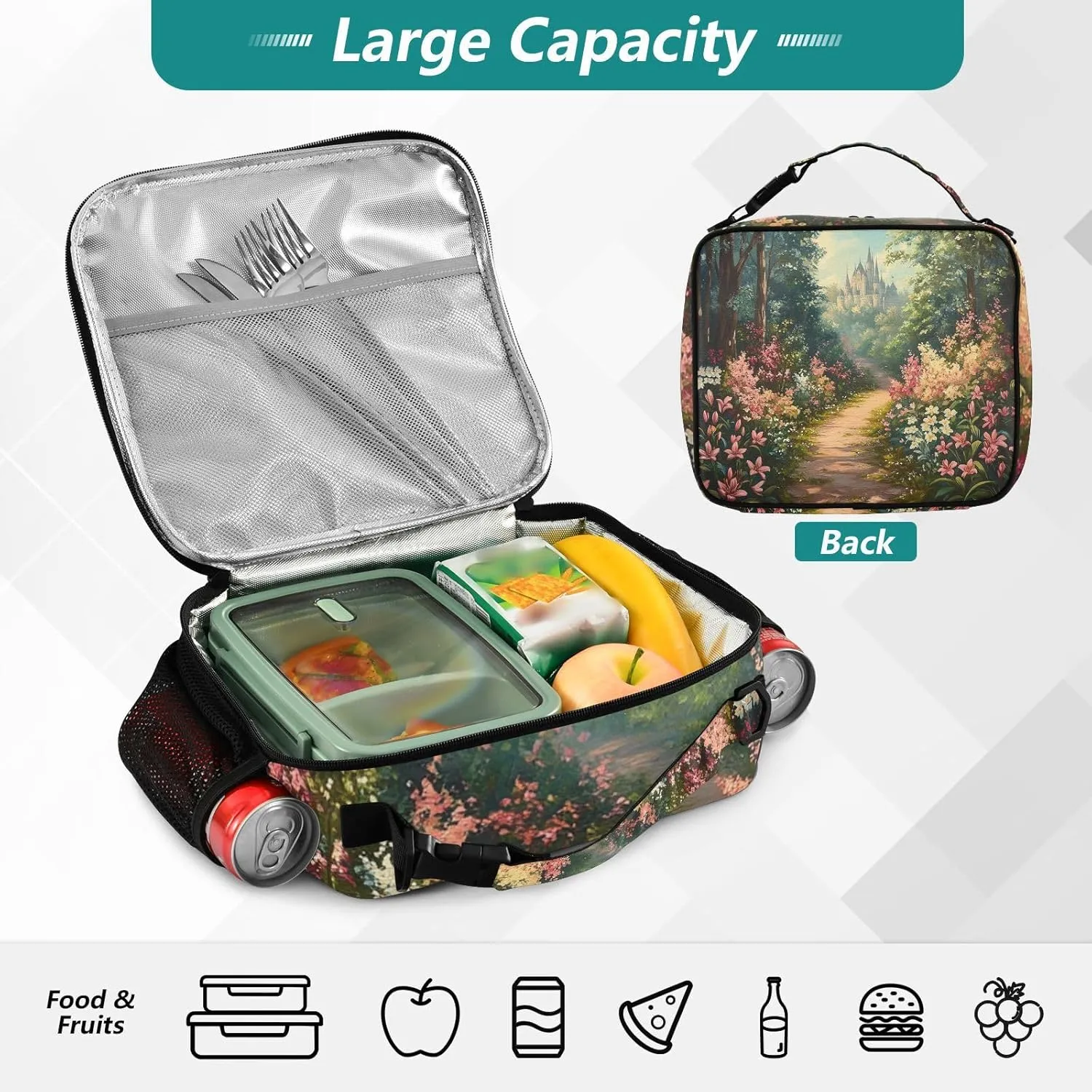Lunch Bag Lunch Box for Women Men Insulated Cooler Bag Reusable Lunch Box Tote Bag with Strap for Work Picnic Lily Flowers Bush and Forest Castle