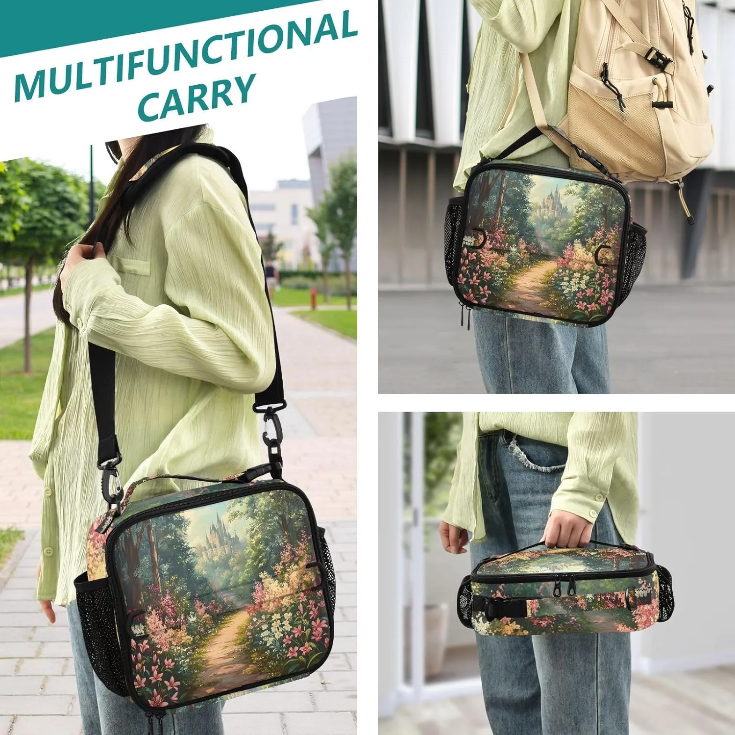Lunch Bag Lunch Box for Women Men Insulated Cooler Bag Reusable Lunch Box Tote Bag with Strap for Work Picnic Lily Flowers Bush and Forest Castle