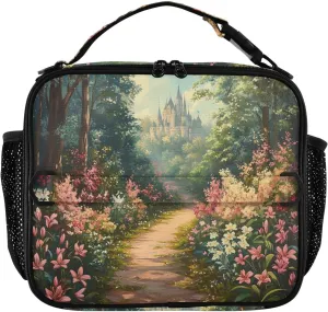 Lunch Bag Lunch Box for Women Men Insulated Cooler Bag Reusable Lunch Box Tote Bag with Strap for Work Picnic Lily Flowers Bush and Forest Castle