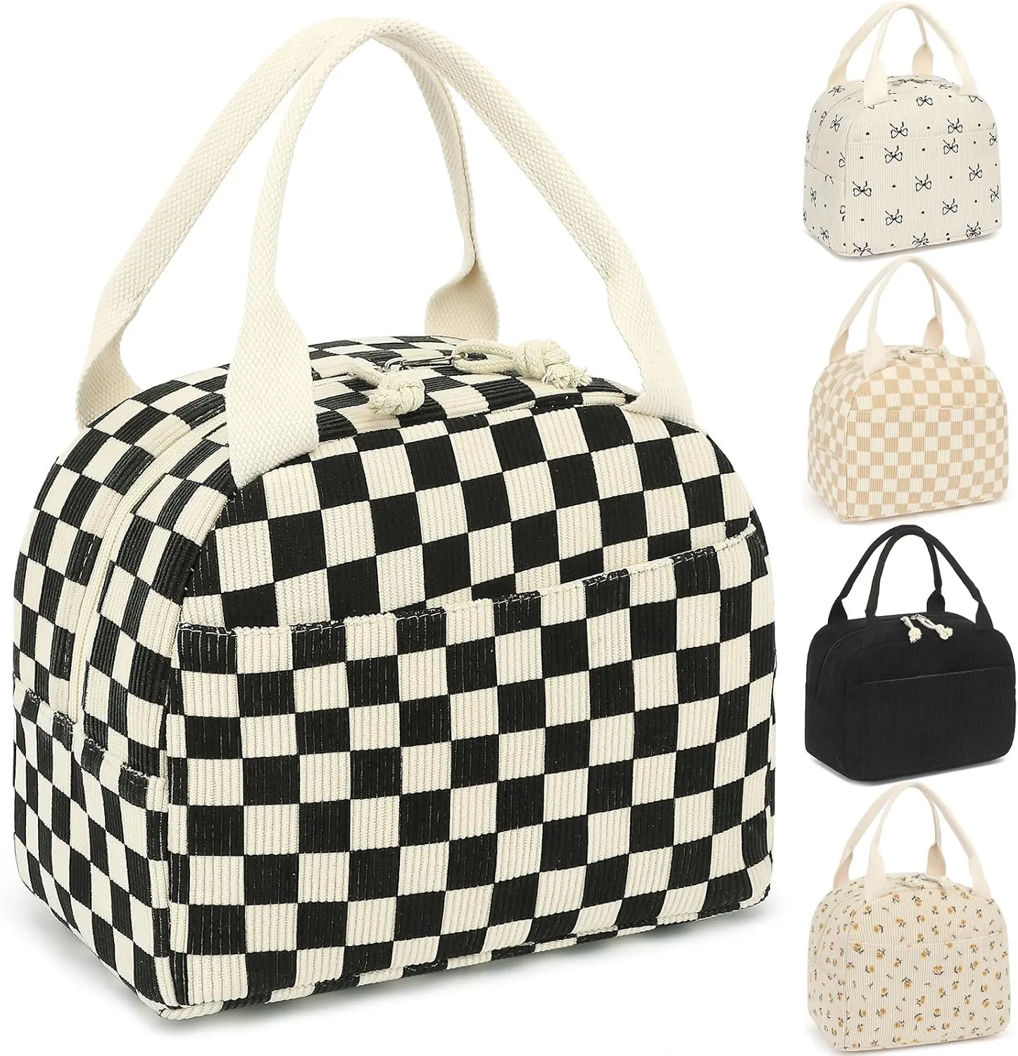Lunch Box for Women Girls, Corduroy Lunch Bags Large Capacity Reusable Insulated Lunch Tote Bag for Work Picnic or Travel (Black Checkered)