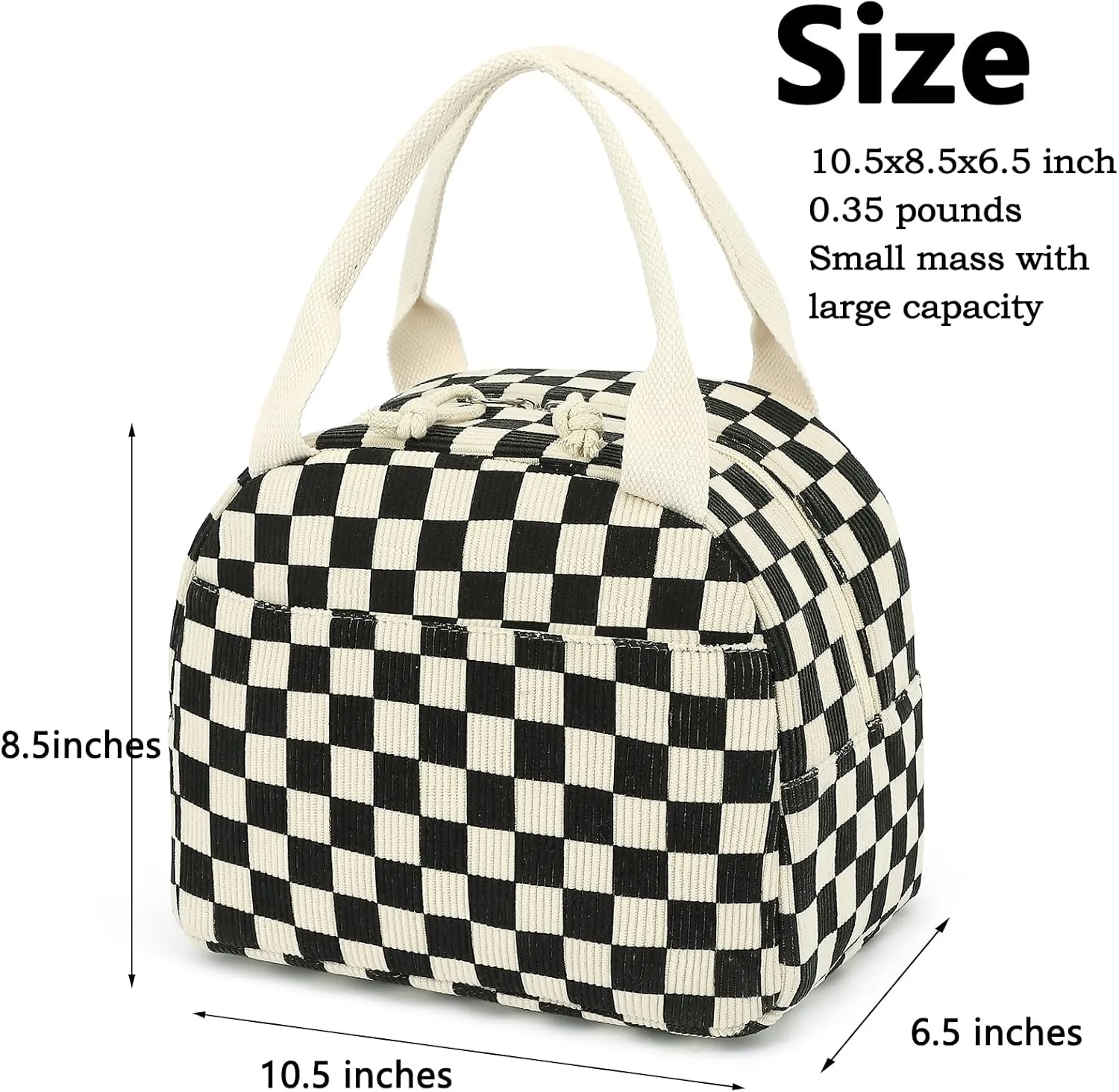 Lunch Box for Women Girls, Corduroy Lunch Bags Large Capacity Reusable Insulated Lunch Tote Bag for Work Picnic or Travel (Black Checkered)