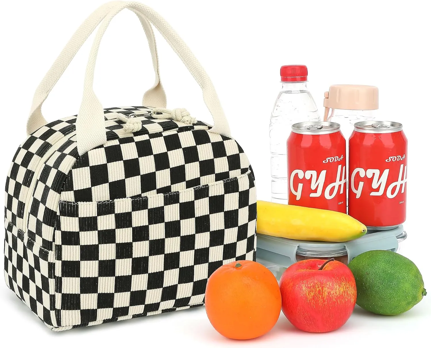 Lunch Box for Women Girls, Corduroy Lunch Bags Large Capacity Reusable Insulated Lunch Tote Bag for Work Picnic or Travel (Black Checkered)