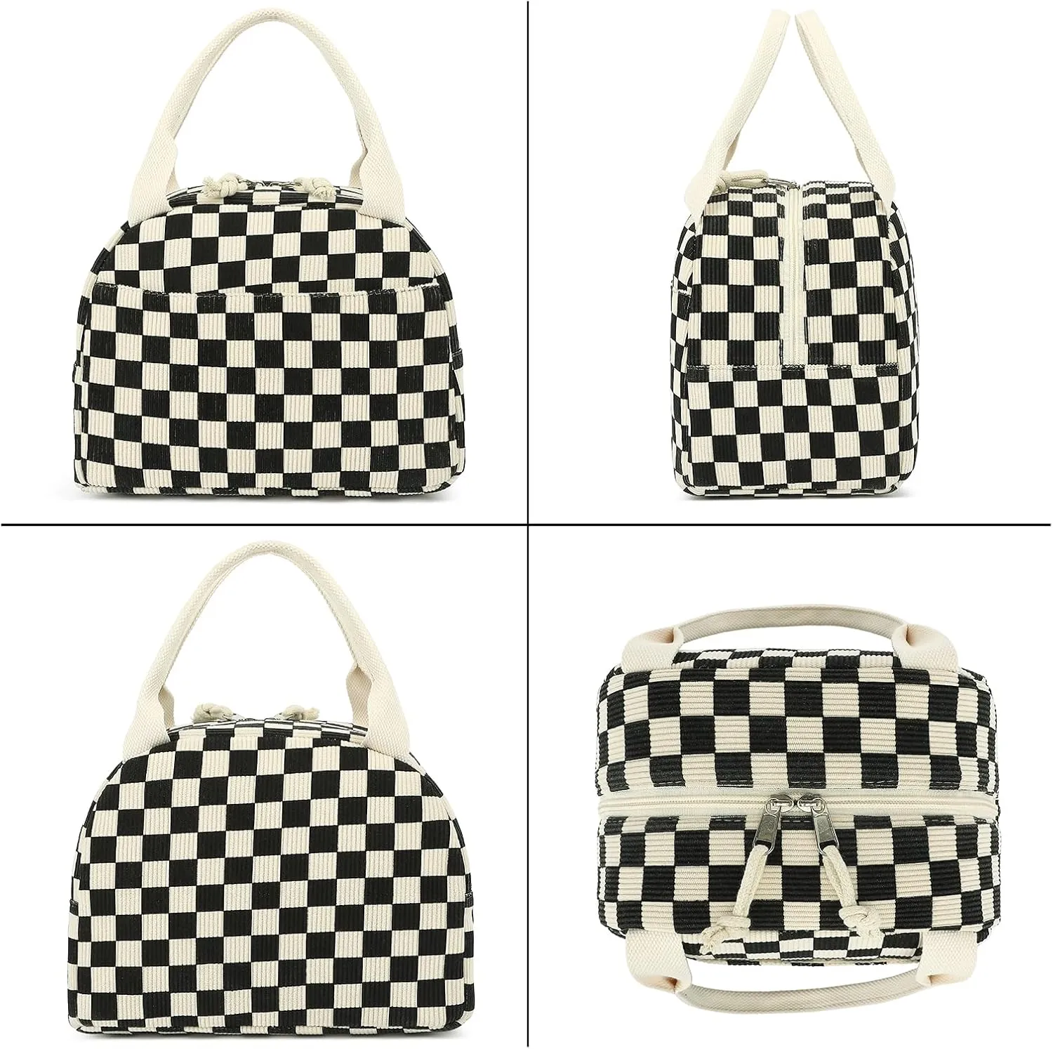 Lunch Box for Women Girls, Corduroy Lunch Bags Large Capacity Reusable Insulated Lunch Tote Bag for Work Picnic or Travel (Black Checkered)