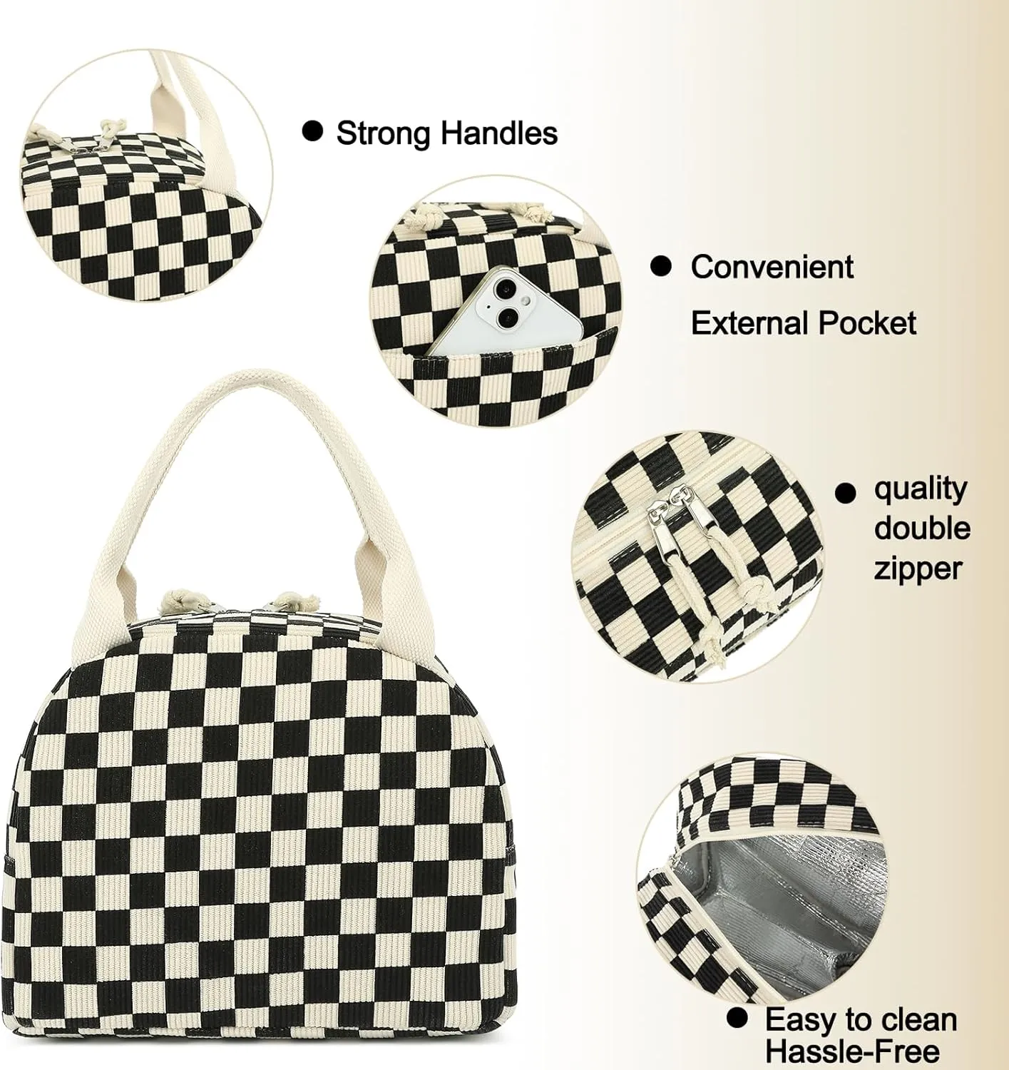 Lunch Box for Women Girls, Corduroy Lunch Bags Large Capacity Reusable Insulated Lunch Tote Bag for Work Picnic or Travel (Black Checkered)