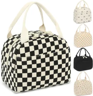 Lunch Box for Women Girls, Corduroy Lunch Bags Large Capacity Reusable Insulated Lunch Tote Bag for Work Picnic or Travel (Black Checkered)