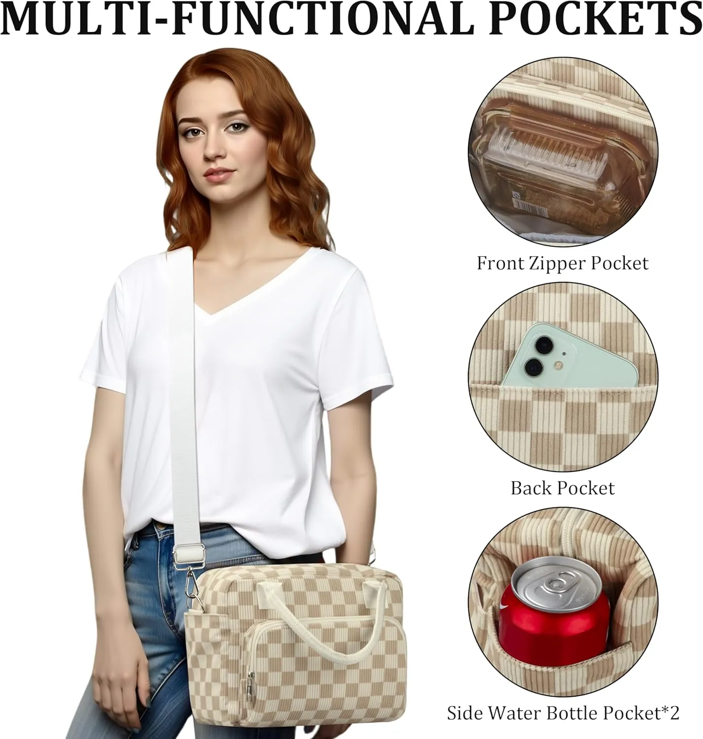 Lunch Box for Women Insulated Lunch Bag Cute Corduroy Lunch Tote Bags Lightweight Reusable Leakproof Cooler Bag with Adjustable Shoulder Strap for Work Office Travel Picnic (Checkered Khaki)