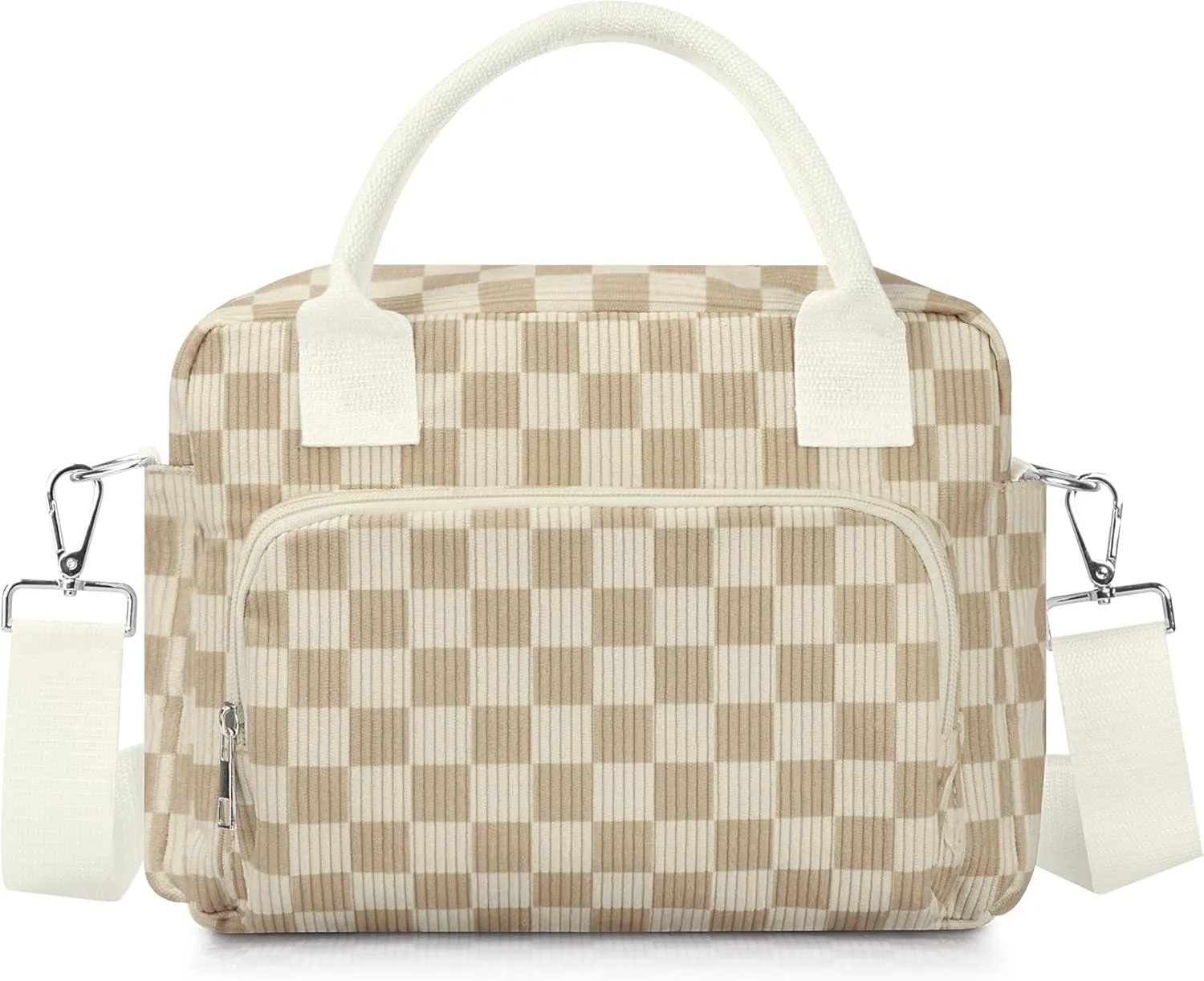 Lunch Box for Women Insulated Lunch Bag Cute Corduroy Lunch Tote Bags Lightweight Reusable Leakproof Cooler Bag with Adjustable Shoulder Strap for Work Office Travel Picnic (Checkered Khaki)